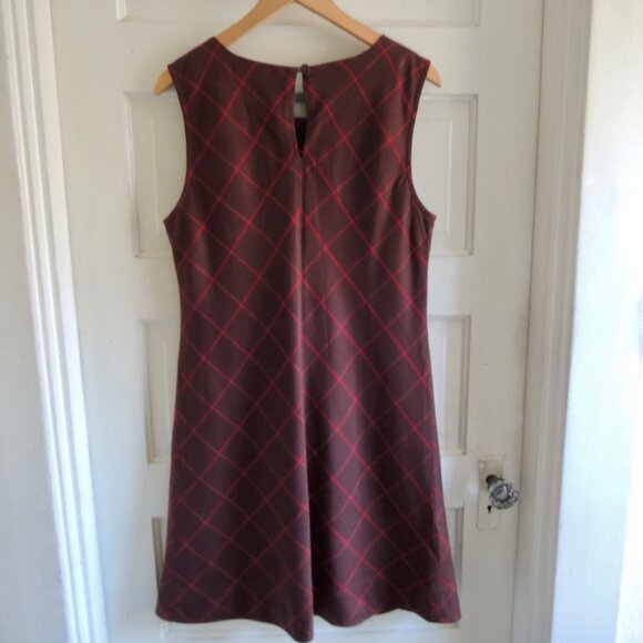 Anthro Maeve Brown & Red Silk Blend Plaid Shift Dress 12 - Picture 6 of 10